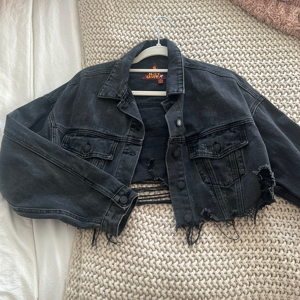 Distressed Cropped Black Denim Jacket